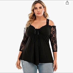 NWT black rib-knit and lace cold shoulder top!